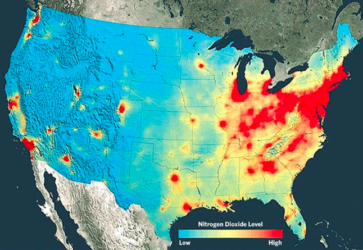 Topographic map of the US showing Nitrogen Dioxide Levels across the country.