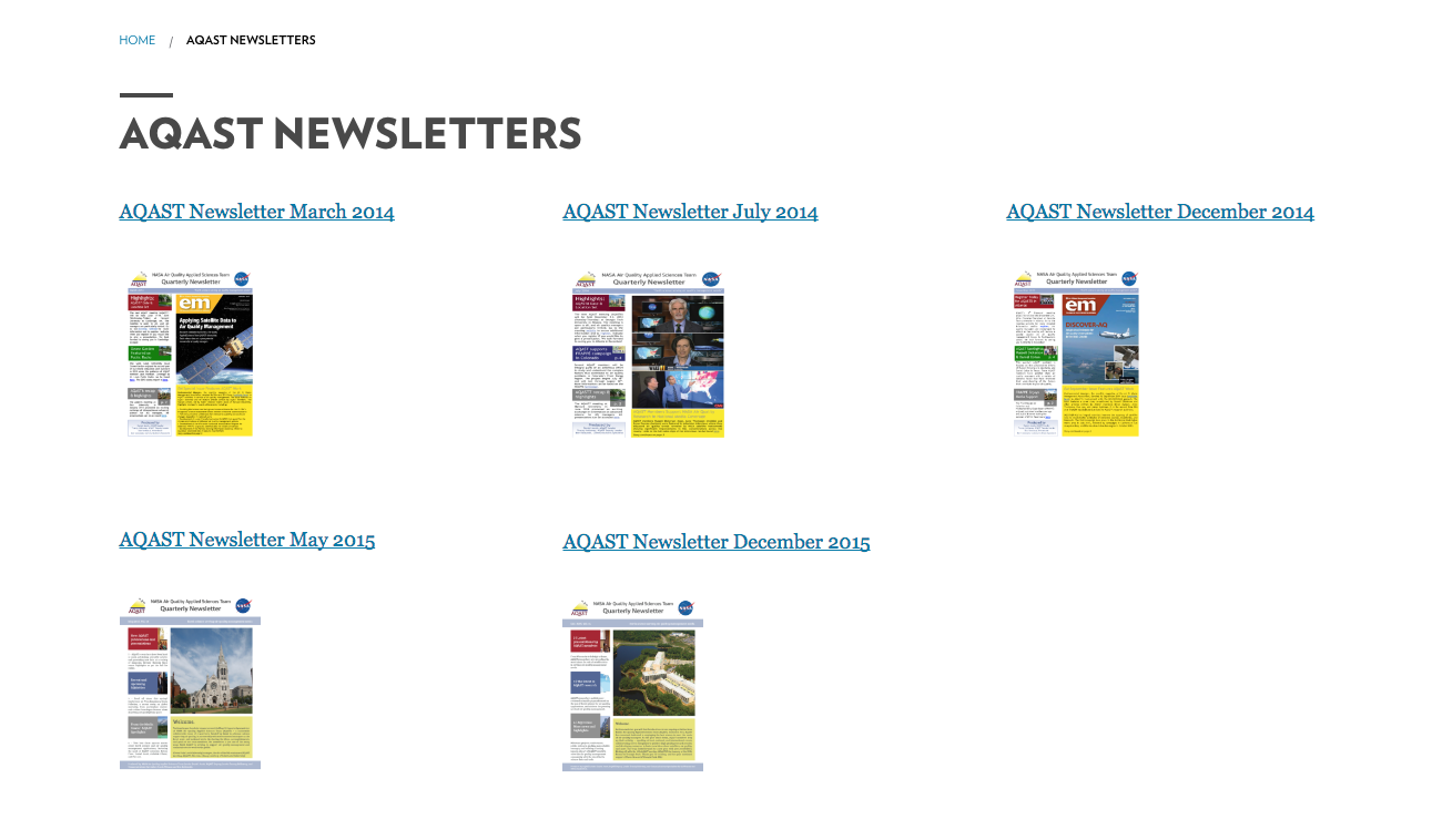 Screenshot of the AQAST Newsletters webpage