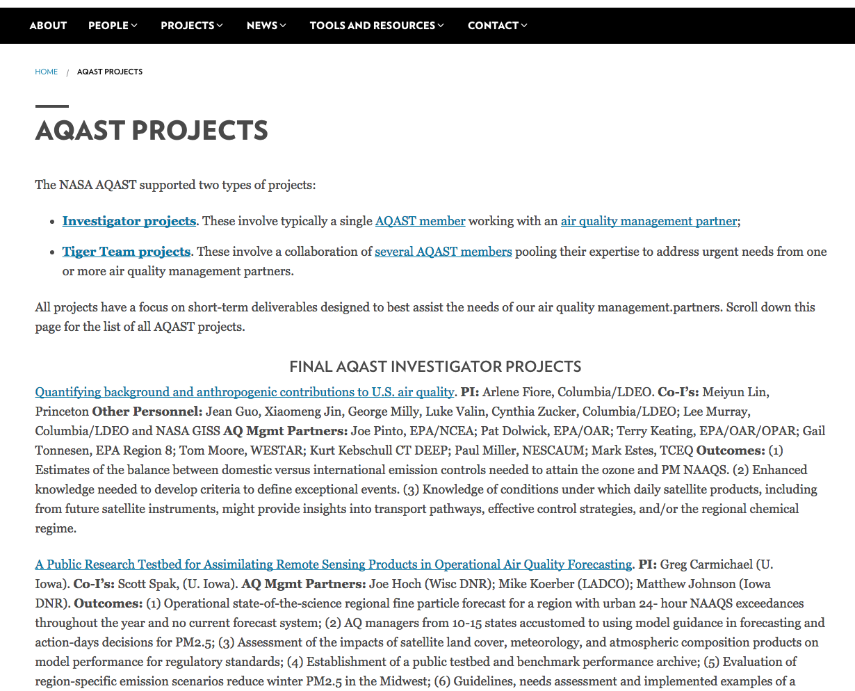 Screenshot of the AQAST Projects webpage