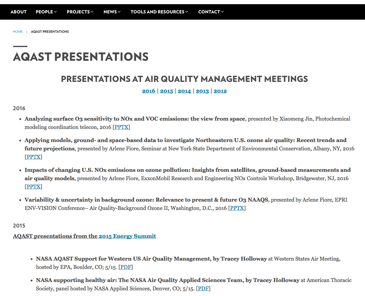 Screenshot of the AQAST Presentations webpage