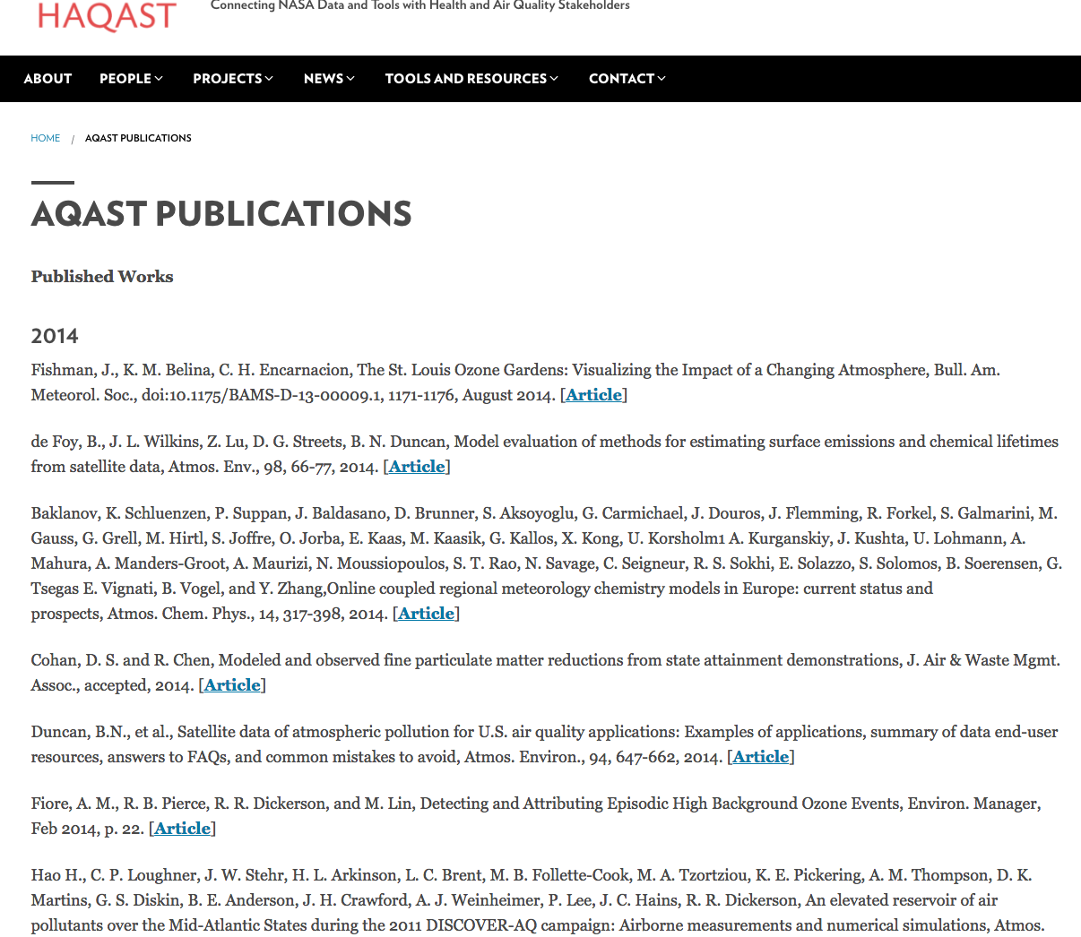 Screenshot of the AQAST Publications webpage