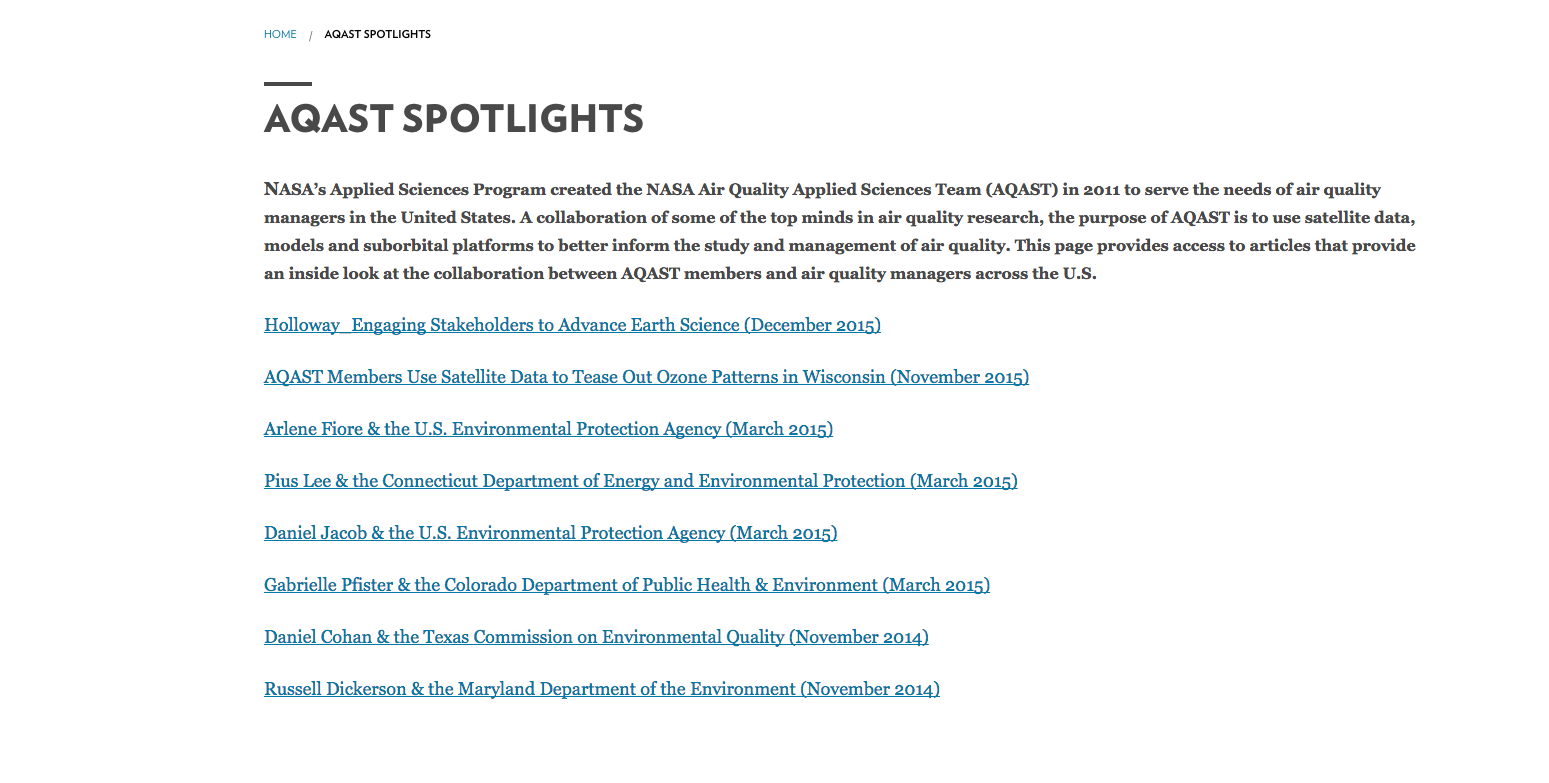 Screenshot of the AQAST Spotlights webpage