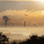 Plumes of smoke rising above a foggy forest skyline