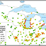 Map of the midwestern U.S. showing ozone design values