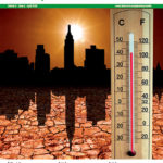 A thermometer with spiking temperatures placed against a city skyline
