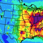 Map of the U.S. showing annual mean levels of PM2.5