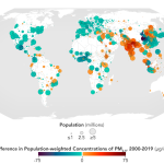 Map of the world showing differences in population weighted concentrations of PM2.5