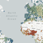 Map of Earth showing population-weighted annual-average pollutant concentrations