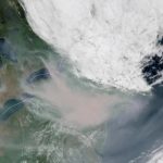 Satellite image of smoke sweeping into New York and Pennsylvania on the morning of June 7, 2023.