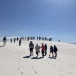 Scientists walking on a sand dune.